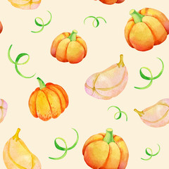 Seamless watercolor pattern. Pumpkins on a light background. Paper texture