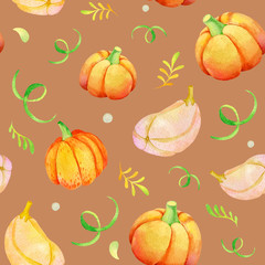 Seamless watercolor pattern. Pumpkins on a brown background