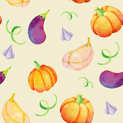 Seamless watercolor pattern. Vegetables on a beige background