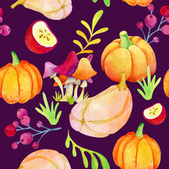 Seamless watercolor pattern. Vegetables, herbs, mushrooms on a dark background
