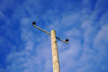 Electrical power pole with a blue sky background