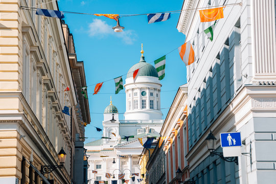 Helsinki cathedral with colorful garland in Helsinki, Finland