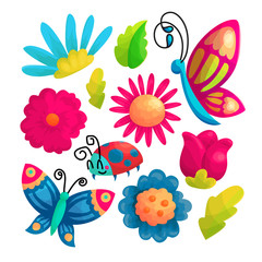 Fototapeta na wymiar Butterflies and flowers cartoon vector stickers set
