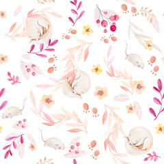 Fototapeta premium Seamless cute watercolor pattern. Forest animals, flowers, leaves. White tones. Ideal for children