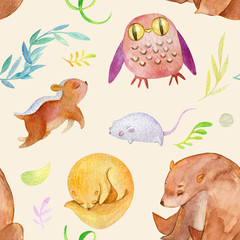 Seamless pattern. Ideal for the nursery. Watercolor paper texture. Forest animals on a beige background. Cute kids characters