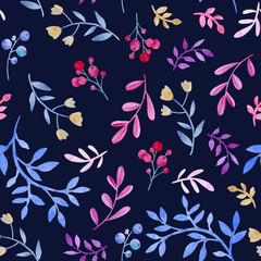 Seamless watercolor pattern. Abstract botany. Multicolored twigs on a dark background