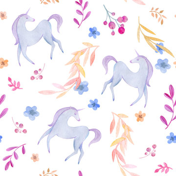 Seamless cute watercolor pattern. Unicorns, flowers, leaves. Abstract cute ornament