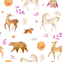 Soft seamless pattern. Ideal for the nursery. Gentle tone. Watercolor paper texture. Horses, forest animals, flowers, branches, leaves