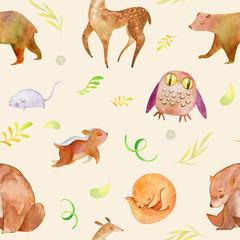 Soft seamless pattern. Ideal for the nursery. Watercolor paper texture. Forest animals on a beige background