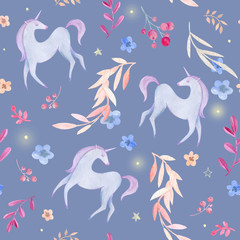 Soft seamless pattern. Soft blue tones. Watercolor paper texture. Twigs, leaves, flowers, horses