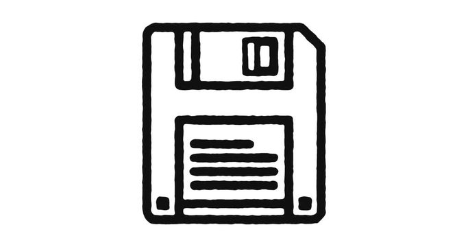 Floppy disk outline icon animation footage/video. Hand drawn like symbol animated with motion graphic, can be used as loop item, has alpha channel and it's at 4K video resolution.