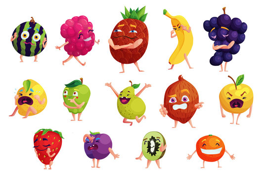 Kawaii fruits cartoon stickers set