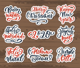 Christmas lettering label on wood background Vector.