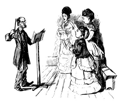 Female Choir with Male Director, vintage illustration.