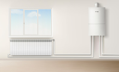 Boiler water heater on wall connected with radiator in room with plastic tubes and jalousie window. Home appliances for comfort Modern central heating system equipment Realistic 3d vector illustration