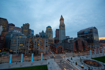 Boston Custom House and Financial District skyline at night, Boston, Massachusetts, USA.