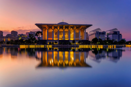 Beautiful  sunrise  view over Sultan Mizan Zainal Abidin mosque also known as masjid besi, located in Putrajaya, Malaysia.
