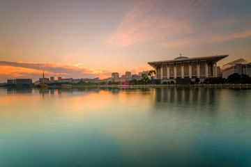 Beautiful  sunrise  view over Sultan Mizan Zainal Abidin mosque also known as masjid besi, located in Putrajaya, Malaysia.