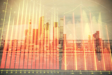 Forex graph hologram with city view from roof background. Double exposure. Financial analysis concept.