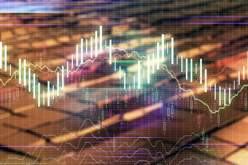 Fototapeta na wymiar Financial chart hologram with abstract background. Double exposure. Concept of market analysis