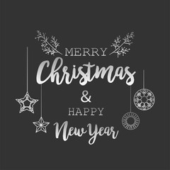 Merry Christmas and Happy New Year text. Typographic vector decorated with stars and balls.