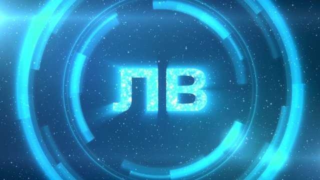 Blue Bulgarian lev currency symbol centered on a starscape background with HUD elements. Seamlessly loopable animation.