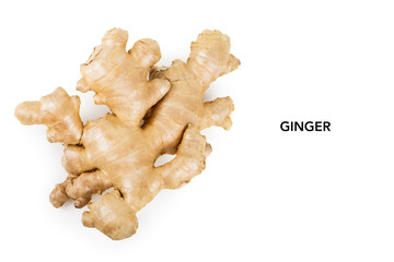 Ginger isolated on white background with copy space. Flat lay, top view