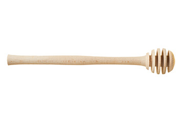 One new clean ribbed wooden dipper for tasty and sweet apian honey isolated on white background without shadow. Top view