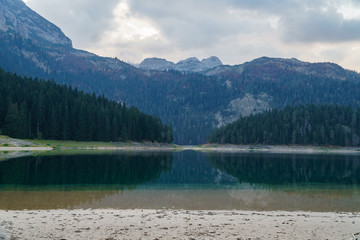 Mountain lake with coniferous forest in National Park Durmitor, Montenegro, Europe.