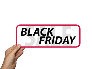 hand holding card with the phrase Black Friday Sale. isolated on white background. Minimal composition. Black Friday Sale concept.