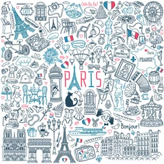 Rucksack Paris doodle set. Popular French landmarks, food and attractions. Vector illustration isolated on white background © primiaou