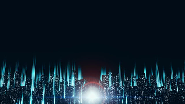 3D Rendering of abstract digital binary city with glowing light beams. Concept for big data, artificial intelligence, deep machine learning, crypto currency. Large area of copy space