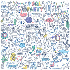 Pool Party doodle set. Summer outdoor activities and festive decoration. Hand drawn vector illustration isolated on white background.