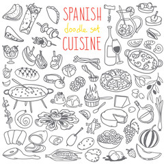 Set of doodles, hand drawn rough simple Spanish cuisine food sketches. Different kinds of main dishes, desserts, beverages. Vector set isolated on white background for cafe menu, fliers, chalkboard