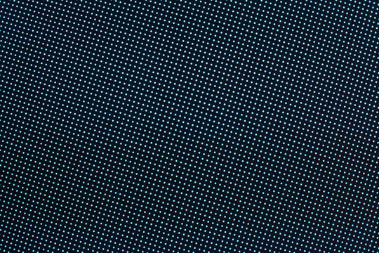 Abstract dark dotted texture background, many small blue neon light round dots on black backdrop, decorative bright polka dot ornament, geometric parallel lines digital graphic pattern, copy space