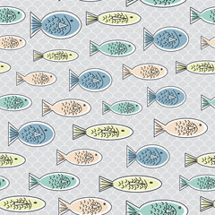 Vector Blue Orange Yellow and Green Fish on Gray Background Seamless Repeat Pattern. Background for textiles, cards, manufacturing, wallpapers, print, gift wrap and scrapbooking.