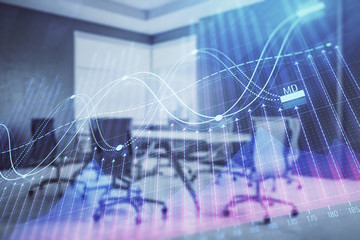 Multi exposure of stock market graph on conference room background. Concept of financial analysis