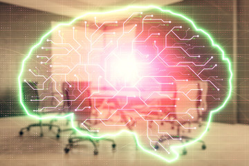 Double exposure of brain drawing hologram on conference room background. Concept of data analysis