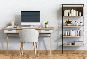 3D render of interior modern living room workspace with desk and desktop computer