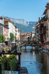 Thiou river in downtown of Annecy , France.
