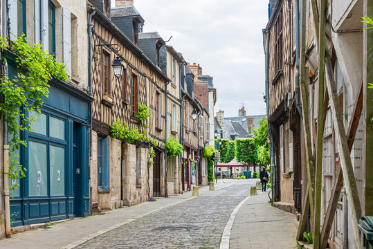 Fototapeta BOURGES, FRANCE - May 10, 2018: Street view of downtown in Bourges, France