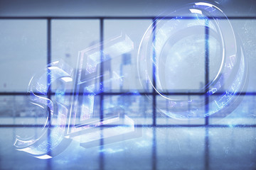 Double exposure of seo icon hologram on empty room interior background. Data concept.