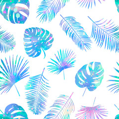 Fototapeta na wymiar Seamless color vector pattern with palm leaves on dark background. Vector