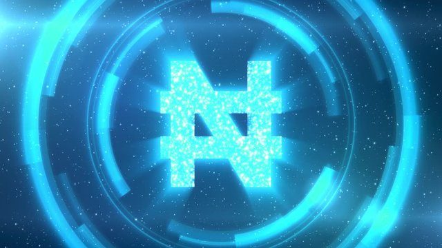 Blue Nigerian naira currency symbol centered on a starscape background with HUD elements. Seamlessly loopable animation.