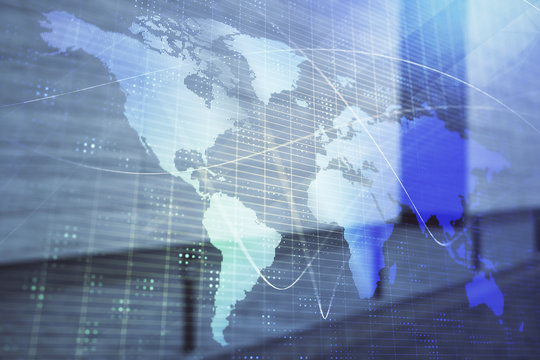 Double exposure of globe hologram on empty exterior background. Concept of international business