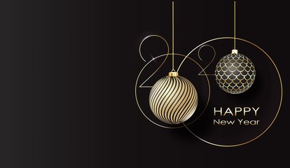 greeting card. Happy new year 2020 Golden balls.