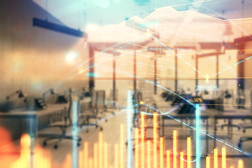 Stock and bond market graph with trading desk bank office interior on background. Multi exposure. Concept of financial analysis