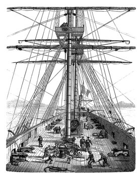 Big man-of-war with open upper deck area with artillery and seamen at the capstan