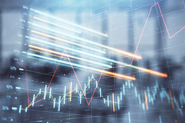 Stock and bond market graph with trading desk bank office interior on background. Multi exposure. Concept of financial analysis