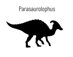 Parasaurilophus. Ornithischian dinosaur. Monochrome vector illustration of silhouette of prehistoric creature parasaurolophus isolated on white background. Stencil. Huge fossil dinosaur.